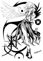 Rule 34 | 1girl, ankle boots, bare legs, boots, covered mouth, dated, dress, feathered wings, greyscale, hair between eyes, heran hei mao, jacket, kishin sagume, looking to the side, monochrome, open clothes, open jacket, short hair, single wing, solo, speech bubble, spoken x, touhou, wings