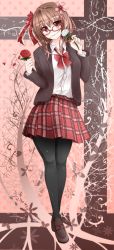 Rule 34 | 1girl, absurdres, amatsuki hotaru, black pantyhose, bow, brown eyes, brown hair, buttons, crossed legs, flower, frills, full body, glasses, hair in own mouth, hair ribbon, highres, loafers, looking at viewer, miniskirt, original, pantyhose, parted lips, plaid, plaid skirt, pleated skirt, red-framed eyewear, red flower, red rose, red skirt, ribbon, rose, school uniform, shoes, short hair, skirt, solo, standing, white flower, white rose