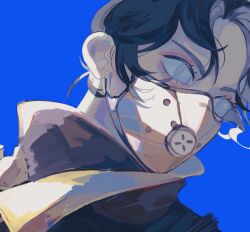 Rule 34 | 1girl, airship assassin wraith, animification, apex legends, black hair, blue background, brown jacket, floating hair, grey eyes, hair behind ear, jacket, looking down, m (user fauu7223), mask, mouth mask, no pupils, official alternate costume, portrait, solo, wraith (apex legends)
