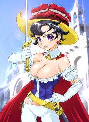 Rule 34 | 1girl, black hair, breasts, cleavage, elbow gloves, gloves, hand on own hip, hat, hip focus, large breasts, lens flare, off shoulder, pantyhose, princess sapphire, purple eyes, ribbon no kishi, short hair, solo, sword, ueyama michirou, weapon