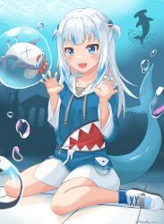 Rule 34 | 1girl, absurdres, air bubble, animal, bloop (gawr gura), blue eyes, blue hair, blush, bubble, claw pose, fins, fish, fish tail, full body, gawr gura, gawr gura (1st costume), hair ornament, highres, hololive, hololive english, hood, hood down, hoodie, kyujuukyu, long hair, looking at viewer, multicolored hair, open mouth, ruins, school of fish, shark, shark girl, shark hair ornament, shark tail, sharp teeth, shoes, sitting, smile, sneakers, socks, solo, streaked hair, tail, teeth, tile floor, tiles, two side up, underwater, virtual youtuber, wariza, white hair