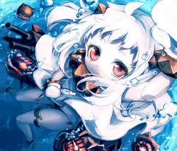 Rule 34 | 10s, 1girl, absurdres, abyssal ship, ahoge, arm up, ayakashi (monkeypanch), black panties, colored skin, dress, from above, gloves, highres, kantai collection, long hair, looking at viewer, looking up, machinery, mittens, northern ocean princess, panties, red eyes, side-tie panties, solo, underwear, white dress, white gloves, white hair, white skin