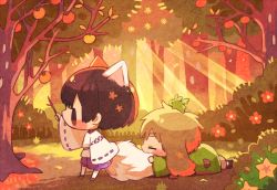 Rule 34 | 00tuma00, 2boys, animal ears, axis powers hetalia, blonde hair, blush, bob cut, branch, brown hair, bush, chibi, closed eyes, commentary request, creature, creature on head, extra ears, flower, food, forest, fox boy, fox ears, fox tail, from side, fruit, holding, holding branch, japan (hetalia), japanese clothes, kemonomimi mode, long sleeves, lying, male focus, multiple boys, nature, on stomach, persimmon, profile, rabbit ears, reaching, ribbon-trimmed sleeves, ribbon trim, standing, sunlight, tail, tail pillow, tree, united kingdom (hetalia), wide sleeves