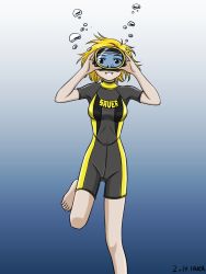 Rule 34 | 1girl, air bubble, barefoot, blonde hair, bodysuit, breath, bubble, diving, diving mask, diving suit, freediving, goggles, holding breath, looking at viewer, ocean, open mouth, original, saver (artbysaver), short hair, smile, solo, swimming, underwater, water, wetsuit