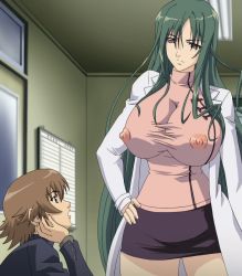Rule 34 | 1boy, 1girl, breasts, brown hair, coat, covered erect nipples, doctor, green hair, hand on own hip, highres, huge breasts, long hair, looking down, misuzu yukiko, purple eyes, serious, shion ~zankoku na mahou no tenshi~, skirt, stitched, thick thighs, thighhighs, thighs, third-party edit, very long hair