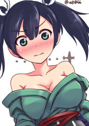 Rule 34 | 10s, 1girl, a9b (louis814), aircraft, airplane, aqua eyes, blue hair, blush, breasts, cleavage, hair ribbon, highres, japanese clothes, kantai collection, large breasts, off shoulder, ribbon, solo, souryuu (kancolle), sweatdrop, twintails, twitter username, wavy mouth