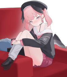 Rule 34 | 1girl, absurdres, beret, black hat, black shirt, black wings, blue archive, blush, brown footwear, closed mouth, commentary request, couch, embarrassed, hat, head wings, highres, hugging own legs, knees up, koharu (blue archive), loafers, long sleeves, looking at viewer, neckerchief, off shoulder, okappa (bobbed001), on couch, pillow, pink eyes, pink hair, pink neckerchief, pink skirt, school uniform, serafuku, shirt, shoes, sitting, skirt, socks, solo, tattoo, thighs, twintails, white socks, wings