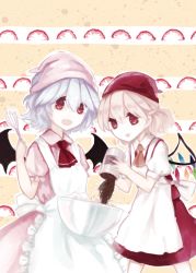Rule 34 | 2girls, :d, apron, ascot, bad id, bad pixiv id, bat wings, blonde hair, bowl, cocoa, dress, fang, flandre scarlet, light purple hair, lispict, multiple girls, open mouth, puffy short sleeves, puffy sleeves, red eyes, remilia scarlet, short hair, short sleeves, skirt, smile, touhou, vest, wings