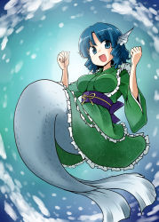 Rule 34 | 1girl, blue eyes, blue hair, drill hair, fins, fish tail, head fins, japanese clothes, kousei (public planet), matching hair/eyes, mermaid, monster girl, solo, tail, touhou, wakasagihime, wide sleeves