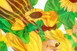 Rule 34 | 1girl, alternate color, alternate hair color, blonde hair, bow, dqn (dqnww), dutch angle, female focus, flower, hair bow, patchouli knowledge, sidelocks, simple background, solo, striped, sunflower, touhou, white background, yellow eyes