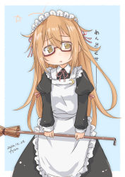 Rule 34 | 1girl, alternate costume, apron, artist name, black dress, blue background, border, broom, brown eyes, brown hair, commentary request, cowboy shot, crescent, crescent pin, dated, dress, enmaided, frilled apron, frills, fyuo, highres, kantai collection, long hair, maid, maid headdress, mochizuki (kancolle), one-hour drawing challenge, red-framed eyewear, semi-rimless eyewear, solo, translation request, two-tone background, under-rim eyewear, white apron, white border