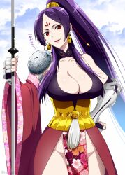 Rule 34 | armor, breasts, cleavage, collarbone, detached sleeves, earrings, facial mark, forehead mark, gauntlets, hand on own hip, high ponytail, highres, hip bones, holding, holding staff, jewelry, large breasts, lipstick, long hair, majo taisen chronicle, makeup, mattari yufi, no panties, open mouth, ponytail, purple hair, red eyes, shoulder armor, single sleeve, staff, translation request, wide sleeves, wu zetian (majo taisen)