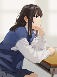Rule 34 | 1girl, blue sweater, brown eyes, brown hair, buttons, closed mouth, desk, elbow on table, from side, hand on own cheek, hand on own face, head rest, long hair, long sleeves, looking ahead, mattaku mousuke, medium hair, original, oversized clothes, plaid, plaid skirt, pleated skirt, school desk, shirt, sidelocks, sitting, skirt, sleeveless, sleeveless sweater, solo, sweater, twitter username, white shirt