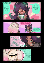 Rule 34 | + +, 2girls, black hair, black shirt, black skin, brown eyes, cd case, closed mouth, colored skin, comic, commentary, crop top, crown, dark-skinned female, dark skin, english text, fingerless gloves, gloves, gomipomi, headphones, highres, holding, inkling, light smile, long hair, looking at another, marina (splatoon), mole, mole under mouth, multiple girls, nintendo, octoling, open mouth, pearl (splatoon), shirt, short hair, sleeveless, smile, splatoon (series), splatoon 2, standing, symbol-shaped pupils, tentacle hair, white hair, zipper