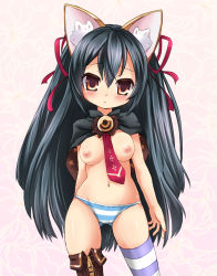 Rule 34 | 1girl, animal ears, black hair, blush, boots, breasts, capelet, cat ears, cat girl, character request, closed mouth, cowboy shot, emil chronicle online, female focus, gradient background, hair ribbon, huyusilver, long hair, navel, necktie, nipples, orange eyes, panties, ribbon, shiny skin, single thighhigh, solo, standing, striped clothes, striped panties, striped thighhighs, thigh boots, thighhighs, topless, underwear