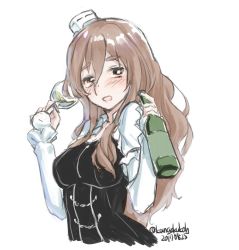 Rule 34 | 1girl, :o, alcohol, blush, bottle, brown eyes, brown hair, chain, commentary request, cup, dated, drinking glass, drunk, hat, kangoku kou, kantai collection, long hair, long sleeves, one-hour drawing challenge, open mouth, pola (kancolle), solo, standing, twitter username, white background, wine, wine bottle, wine glass