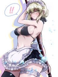 1girl apron artoria_pendragon_(alter_swimsuit_rider)_(fate) artoria_pendragon_(alter_swimsuit_rider)_(second_ascension)_(fate) artoria_pendragon_(fate) bare_shoulders bikini black_bikini black_ribbon black_skirt black_thighhighs blonde_hair blush braid breasts bridal_garter cleavage fate/grand_order fate_(series) hair_bun hair_ribbon highres long_hair looking_at_viewer maid maid_bikini maid_headdress medium_breasts mop navel ribbon satou_nui sidelocks skirt solo swimsuit thighhighs thighs unconventional_maid waist_apron white_apron yellow_eyes