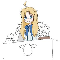 Rule 34 | 1girl, ahoge, bird wings, blonde hair, blue bow, blue eyes, blush, bow, bowtie, closed mouth, commentary, detached ahoge, dress, egg, english text, feathered wings, filo (tate no yuusha no nariagari), jaggy lines, long hair, lowres, nuelogical, oekaki, sidelocks, simple background, solo, split mouth, tate no yuusha no nariagari, upper body, white background, white wings, wings