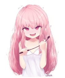 1girl, 2021, annoyed, artist name, blush, camisole, dated, flat chest, glaring, highres, lbds, long hair, louise francoise le blanc de la valliere, open mouth, pink eyes, pink hair, riding crop, simple background, smile, solo, trembling, upper body, white background, white camisole, zero no tsukaima