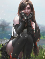 Rule 34 | 1girl, arm guards, bare shoulders, black gloves, black skirt, black thighhighs, blurry, blurry background, brown eyes, brown hair, elbow gloves, final fantasy, final fantasy vii, final fantasy vii remake, fingerless gloves, gloves, grass, hands on own cheeks, hands on own face, highres, long hair, low-tied long hair, low tied hair, md5 mismatch, miniskirt, nixeu, outdoors, painting (action), pleated skirt, red footwear, shirt, skirt, smile, squatting, suspender skirt, suspenders, tank top, taut clothes, taut shirt, thighhighs, thighs, tifa lockhart