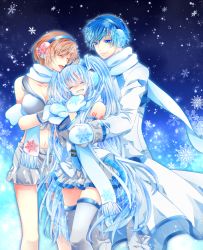 Rule 34 | 1boy, 2girls, :d, ^ ^, adapted costume, bad id, bad pixiv id, blouse, blue background, blue eyes, blue hair, blue theme, blush, breasts, brown hair, cleavage, closed eyes, closed mouth, coat, collarbone, crop top, detached sleeves, earmuffs, eyebrows, fringe trim, gradient background, grey legwear, grey pants, grey skirt, grin, group hug, hair ornament, hatsune miku, head tilt, holding hands, hug, hug from behind, kairi (oro-n), kaito (vocaloid), lace, lace-trimmed shirt, lace trim, large breasts, long hair, long sleeves, looking at another, meiko, meiko (vocaloid), midriff, miniskirt, multiple girls, navel, open mouth, pants, pleated skirt, scarf, shirt, short hair, skirt, sleeveless, sleeveless shirt, sleeves rolled up, smile, snowflake print, snowflakes, thighhighs, very long hair, vocaloid, white scarf, yuki kaito, yuki meiko, yuki miku