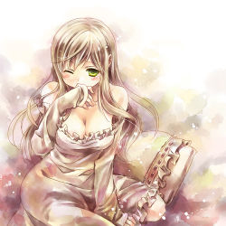 Rule 34 | 1girl, axis powers hetalia, blush, breasts, cleavage, dress, fu (38wasure), green eyes, hungary (hetalia), large breasts, long hair, lowres, one eye closed, solo, strapless, strapless dress, wink