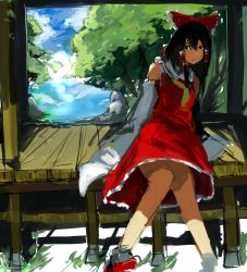 Rule 34 | 1girl, bad id, bad pixiv id, black hair, bow, day, detached sleeves, dress, female focus, hair bow, hakurei reimu, japanese clothes, legs, long hair, miko, nature, outdoors, plant, sitting, sky, solo, touhou, tree, un-known (ninesix)