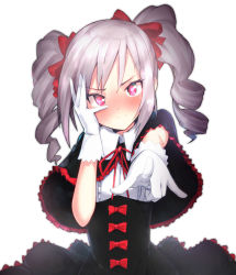 Rule 34 | 10s, 1girl, blush, capelet, drill hair, gloves, idolmaster, idolmaster cinderella girls, kanzaki ranko, long hair, masamuuu, red eyes, silver hair, simple background, smile, solo, twin drills, twintails