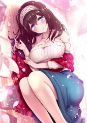 Rule 34 | 1girl, bare shoulders, black hair, blue eyes, blue skirt, blush, book, breasts, cleavage, closed mouth, hair between eyes, hairband, highres, idolmaster, idolmaster cinderella girls, jewel (the black canvas), jewelry, large breasts, legs, long hair, long skirt, long sleeves, looking at viewer, lying, necklace, off-shoulder sweater, off shoulder, on side, open book, pendant, petals, ribbed sweater, sagisawa fumika, shawl, skirt, smile, solo, sweater, white sweater