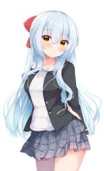 Rule 34 | 1girl, absurdres, arms behind back, black jacket, blazer, blue hair, blush, bow, breasts, brown eyes, closed mouth, commentary request, drawstring, fuuna, grey skirt, hair between eyes, hair bow, highres, hood, hood down, hoodie, jacket, long hair, long sleeves, looking at viewer, medium breasts, open clothes, open jacket, original, plaid, plaid skirt, pleated skirt, red bow, school uniform, simple background, skirt, smile, solo, very long hair, white background, white hoodie