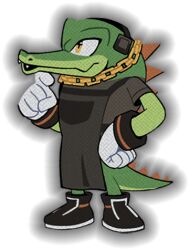 Rule 34 | 1boy, animal nose, apron, black apron, black footwear, black shirt, bottomless, chain, chain necklace, colored skin, crocodilian, crocodilian tail, digimin, fangs, from side, full body, furry, furry male, gloves, gold, green skin, headphones, jewelry, looking to the side, looking up, lowres, male focus, multicolored skin, necklace, non-web source, official art, open mouth, outline, pocket, reptile boy, shirt, shoes, short sleeves, simple background, snout, solo, sonic (series), standing, tail, the murder of sonic the hedgehog, transparent background, two-tone skin, vector the crocodile, white gloves, yellow eyes