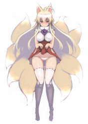 Rule 34 | 1girl, ahoge, animal ears, blonde hair, blush, breasts, clothes lift, fox ears, fox tail, full body, highres, izuna (shinrabanshou), johan (johan13), large breasts, lifted by self, long hair, looking at viewer, multiple tails, panties, red eyes, shinrabanshou, simple background, skirt, skirt lift, sleeveless, solo, standing, tail, thighhighs, underwear, white background, white panties, white thighhighs