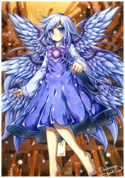 Rule 34 | angel, angel wings, bare legs, barefoot, blue dress, blue eyes, blue hair, blush, closed mouth, collared shirt, commentary, commentary request, commission, dress, emperpep, english commentary, eyelashes, highres, long dress, long hair, long sleeves, multicolored hair, multiple wings, painting (medium), sariel (touhou), seraph, shirt, solo, streaked hair, touhou, touhou (pc-98), traditional media, very long hair, wand, watercolor (medium), white shirt, wings