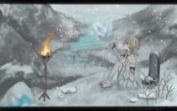 Rule 34 | 1girl, bare shoulders, blonde hair, blush, boots, crystal, detached sleeves, dress, feather hair ornament, feathers, from side, genshin impact, gloves, hair ornament, highres, in-universe location, letterboxed, lumine (genshin impact), mountain, partially fingerless gloves, river, scarf, scenery, short hair with long locks, shoulder blush, sitting, snow, solo, thigh boots, thighhighs, tombstone, torch, white dress, white footwear, white scarf, yoooichang