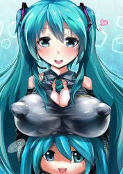Rule 34 | ..., 00s, 2girls, aqua eyes, aqua hair, bad id, bad pixiv id, between breasts, breast rest, breasts, breasts on head, covered erect nipples, detached sleeves, hatsune miku, headset, highres, huge breasts, impossible clothes, long hair, matching hair/eyes, multiple girls, necktie, necktie between breasts, silly (marinkomoe), twintails, vocaloid