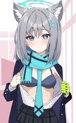 Rule 34 | 1girl, absurdres, animal ear fluff, animal ears, black skirt, blue archive, blue bra, blue eyes, blue halo, blue scarf, bra, breasts, bright pupils, closed mouth, commentary, cross hair ornament, grey hair, hair ornament, halo, highres, jacket, long sleeves, looking at viewer, medium breasts, mismatched pupils, nak, open clothes, open jacket, plaid, plaid skirt, scarf, shiroko (blue archive), short hair, skirt, solo, underwear, white pupils