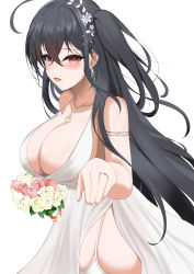 Rule 34 | 1girl, absurdres, ahoge, azur lane, bare shoulders, blush, bouquet, breasts, collarbone, commentary request, crossed bangs, dress, earrings, flower, garter straps, hair between eyes, hair flower, hair ornament, highres, holding, holding bouquet, jewelry, large breasts, looking at viewer, necklace, official alternate costume, one side up, open mouth, ornate ring, outstretched hand, pink flower, pink rose, ring, rose, shigenohara kitoha, simple background, sleeveless, sleeveless dress, solo, taihou (azur lane), taihou (temptation on the sea breeze) (azur lane), thighhighs, wedding dress, wedding ring, white background, white dress, white garter straps, white thighhighs, yellow flower, yellow rose