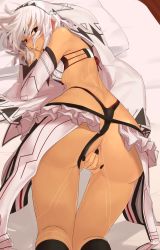 Rule 34 | 10s, 1girl, all fours, altera (fate), ass, bare shoulders, covering privates, covering crotch, dark skin, dark-skinned female, detached sleeves, fate/extella, fate/extra, fate/grand order, fate (series), highleg, i-pan, looking back, midriff, nail polish, red eyes, short hair, solo, tattoo, veil, white hair