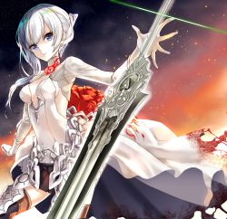 Rule 34 | 1girl, alice (sinoalice), black thighhighs, blue eyes, breasts, danbouru, dress, gloves, looking at viewer, sinoalice, solo, sword, thighhighs, weapon, white gloves, white hair