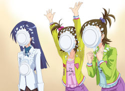 Rule 34 | 00s, 3girls, arms up, birthday, blue hair, brown hair, clothes writing, dessert, female focus, flat chest, flipped hair, food, food on face, futami ami, futami mami, hair bobbles, hair ornament, idolmaster, idolmaster (classic), in the face, kisaragi chihaya, kozou (rifa), long hair, multiple girls, o/, outstretched arms, pie, pie in face, short hair, siblings, sisters, twins
