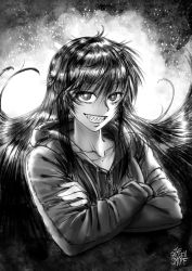 Rule 34 | 1girl, alex ares, borrowed character, bright pupils, commentary, crossed arms, english commentary, floating hair, greyscale, grin, hair between eyes, highres, hood, hood down, hoodie, long hair, long sleeves, looking at viewer, monochrome, original, sharp teeth, signature, smile, solo, teeth, the golden smurf, very long hair