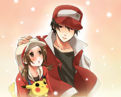 Rule 34 | 00s, 1990s (style), 1boy, 1girl, baseball cap, black hair, blush, brown eyes, brown hair, creatures (company), game freak, gen 1 pokemon, gloves, hat, height difference, image sample, long hair, lyra (pokemon), md5 mismatch, nintendo, overalls, pikachu, pixiv sample, pokemon, pokemon (creature), pokemon hgss, pokemon rgby, red (pokemon), resized, resolution mismatch, retro artstyle, sannya, size difference, source larger, twintails