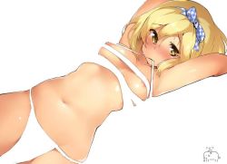 Rule 34 | 10s, 1girl, areola slip, armpits, bad id, bad twitter id, bare shoulders, blonde hair, blue ribbon, blush, breasts, brown eyes, collarbone, djeeta (granblue fantasy), fundoshi, granblue fantasy, hair ribbon, hairband, japanese clothes, looking at viewer, lying, midriff, mouth hold, navel, nipples, nose blush, on back, plaid, plaid ribbon, ribbon, shiny skin, short hair, simple background, skindentation, small breasts, solo, stomach, sweat, sweatdrop, terazip, white background, zeta (granblue fantasy)