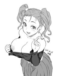 Rule 34 | 1girl, blush, breasts, dragon quest, dragon quest viii, earrings, female focus, flashing, jessica albert, jewelry, large breasts, looking at viewer, monochrome, nipples, one breast out, signature, simple background, smile, solo, square enix, tsukudani (coke-buta), twintails
