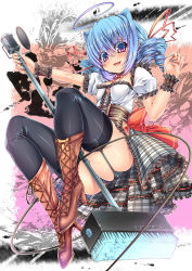 Rule 34 | 1girl, ahoge, ass, black hair, blue hair, boots, bow, broom, cable, corset, cross-laced footwear, drill hair, fang, garter straps, hair ribbon, heart, high heels, highres, kantarou (nurumayutei), lace-up boots, md5 mismatch, microphone, microphone stand, nail polish, original, plaid, plaid skirt, ribbon, shoes, skirt, solo, studio microphone, symbol-shaped pupils, thighhighs, wire