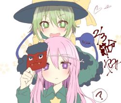 Rule 34 | 2girls, ?, abe suke, black hat, blush, bow, closed mouth, collared shirt, commentary request, fang, fang out, green eyes, green shirt, greyscale, hand up, hat, hat bow, hata no kokoro, heart, komeiji koishi, long hair, long sleeves, looking at viewer, mask, mask on head, monochrome, multiple girls, oni mask, open mouth, pink hair, purple eyes, shirt, short hair, signature, spoken question mark, star (symbol), third eye, touhou, yellow bow