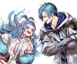 Rule 34 | 1boy, 1girl, absurdres, anger vein, arguing, armor, blue eyes, blue hair, cropped hoodie, crossed arms, floating hair, hand on own hip, highres, hololive, hololive indonesia, holostars, holostars english, hood, hoodie, hyde (tabakko), kobo kanaeru, layered sleeves, long hair, long sleeves, midriff, multicolored hair, open mouth, regis altare, short hair, short over long sleeves, short sleeves, shoulder armor, simple background, teeth, two-tone hair, upper body, virtual youtuber, white background, white hair