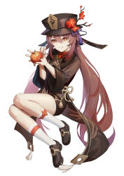 Rule 34 | 1girl, absurdres, apple, bilibilida, black hat, black nails, black shorts, brown eyes, brown hair, brown shirt, coattails, flower, food, fruit, genshin impact, grin, hair between eyes, hat, hat flower, highres, holding, holding food, holding fruit, hu tao (genshin impact), invisible chair, jewelry, loafers, long hair, long sleeves, looking at viewer, looking back, nail polish, plum blossoms, ring, shirt, shoes, shorts, simple background, sitting, smile, socks, solo, twintails, white background, white socks