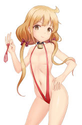 Rule 34 | 1girl, ahoge, blonde hair, blush, bow, breasts, choker, collarbone, commentary request, condom, contrapposto, cowboy shot, futaba anzu, hair bow, hand on own hip, head tilt, highres, holding, idolmaster, idolmaster cinderella girls, long hair, looking at viewer, navel, one-piece swimsuit, red one-piece swimsuit, ribs, shiny skin, sidelocks, small breasts, smile, solo, standing, swimsuit, taka (takahirokun), twintails, used condom, white background, yellow eyes, zipper