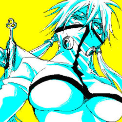 Rule 34 | 00s, 1girl, arrancar, bleach, breasts, covered mouth, crossed bangs, female focus, hair between eyes, high collar, jpeg artifacts, large breasts, long hair, lowres, mask, monochrome, number tattoo, oekaki, ofumi, ofumi (daisy), simple background, solo, tattoo, tier harribel, twintails, underboob, yellow background
